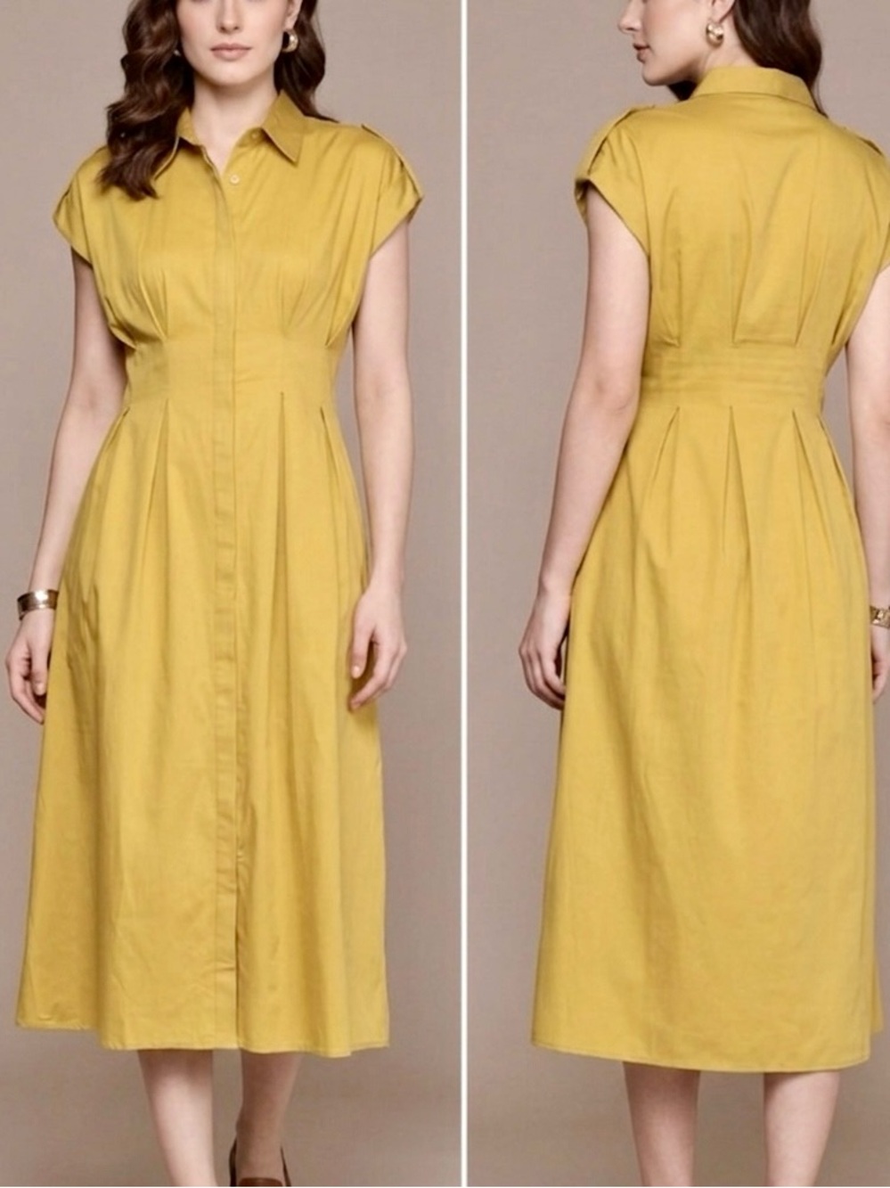 Label Ritu Kumar Button Front Dress Size S Mustard Collared Short Sleeve Pockets